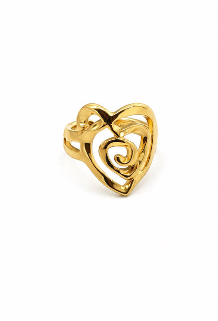 Anillo Corazón Espiral Calado Acero Inoxidable Dorado