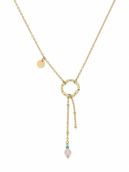Collar Dorado Circulo y Bola Rosa